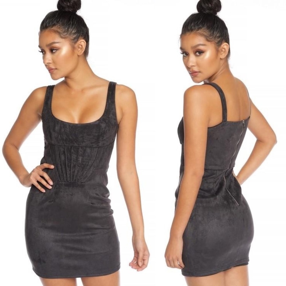 🖤 Corset Bust Faux Suede Mini Dress - Black (C)